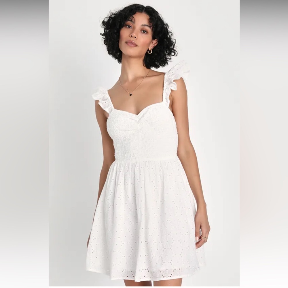 Lulus Sweetly Sincere White Ruffled Eyelet Embroidered Mini Dress - Size S